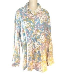 Coldwater Creek Blue and Pink Floral Linen Long Sleeve Button Up Shirt Sz XL EUC